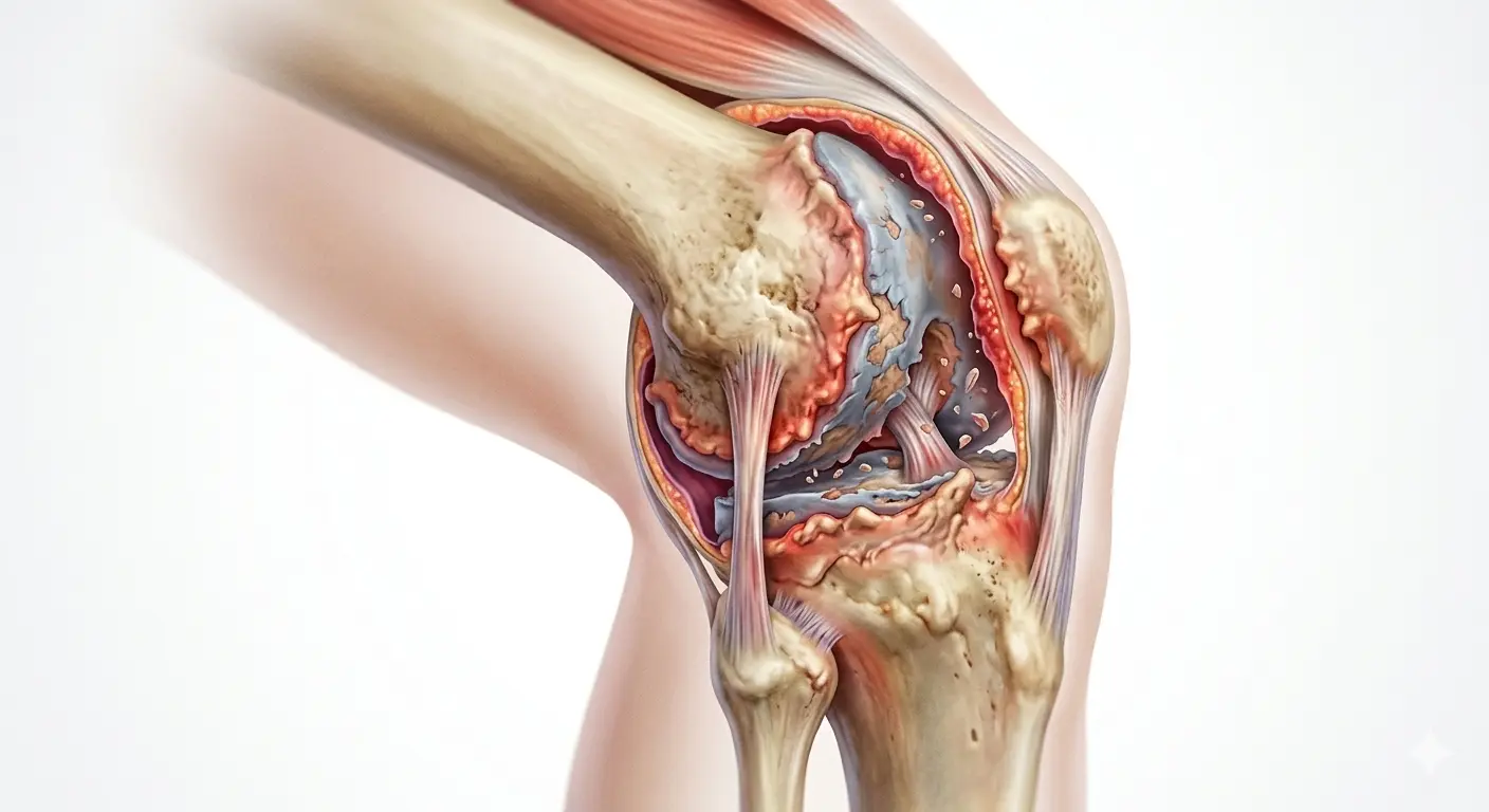 Medicinsk illustration av en knäled drabbad av svår artros. Bilden visar nedbrutet och fragmenterat brosk, inflammerad vävnad och tydliga benutskott (osteofyter) där lårbenet möter skenbenet. Illustrationen är detaljerad och visar den anatomiska nedbrytningen inuti leden utan text